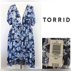 🆕TORRID - 00/0X M/L - NWT FLORAL BLUE WHITE MAXI HI-LO KIMONO CARDIGAN / KAFTAN